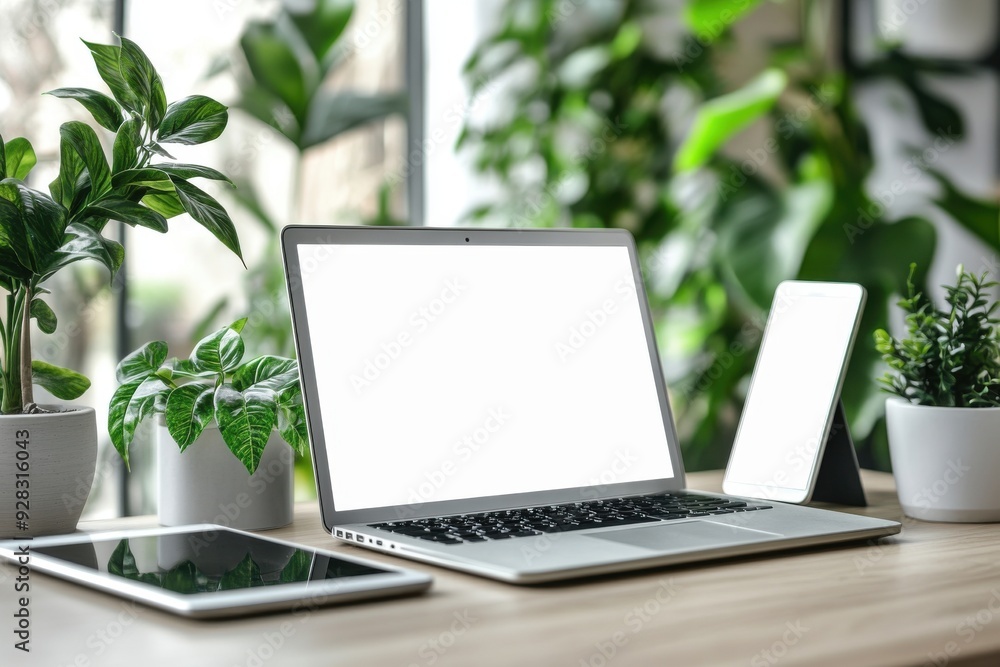 Fototapeta premium Blank laptop computer mockup and accessories on a white desk in a modern office