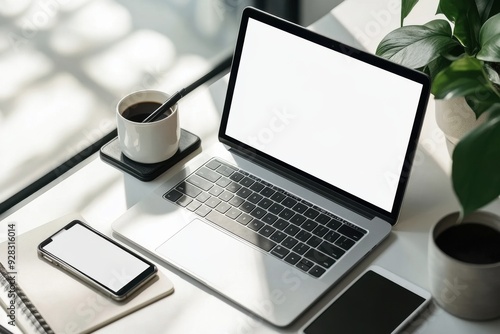 Blank laptop computer mockup and accessories on a white desk in a modern office