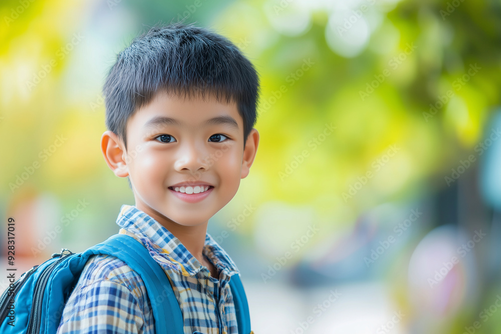 Asian young boy wearing a backpack and shirt is smiling. Concept of happiness and innocence, as the boy appears to be enjoying his time outdoors Asian young boy wearing a backpack and shirt is smiling. Concept of happiness and innocence, as the boy appears to be enjoying his time outdoors