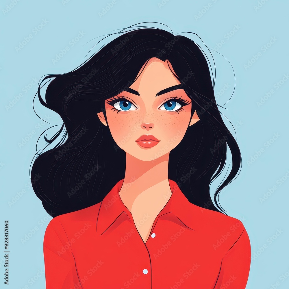 A stunning yearold woman with sleek black hair and bright blue eyes, clad in a vibrant red shirt. A stunning yearold woman with sleek black hair and bright blue eyes, clad in a vibrant red shirt.