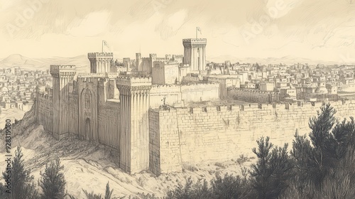 Biblical Illustration of Uzziah Overseeing Construction of Towers and Fortifications in Jerusalem in 2 Chronicles, Ensuring Kingdom’s Defense, Beige Background photo