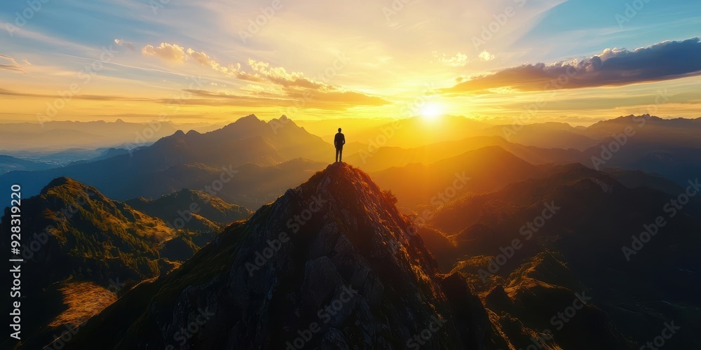 Silhouette of a person standing on a mountain peak at sunrise. Silhouette of a person standing on a mountain peak at sunrise.