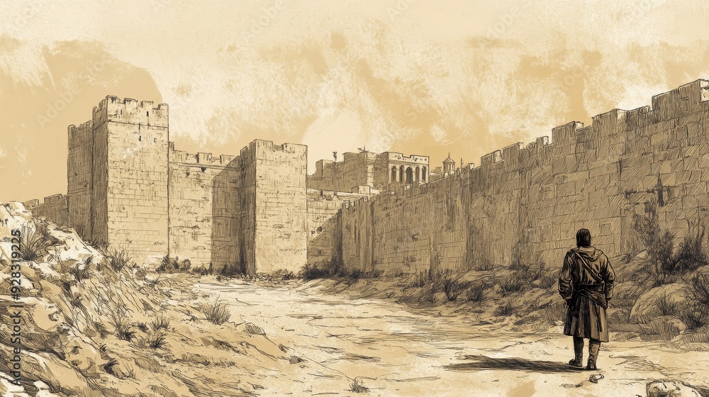 Fototapeta premium Biblical Illustration of King Jehoash Capturing Amaziah in 2 Chronicles, Bringing Him to Jerusalem and Partially Destroying the City Walls, Beige Background