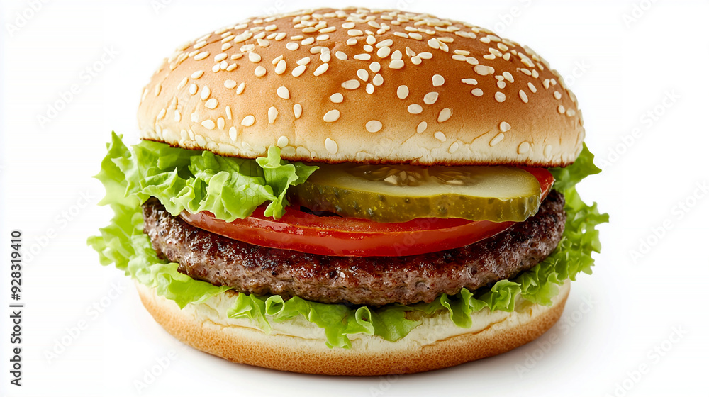 hamburger with a beef patty, lettuce, tomato, and cheese, isolated on a plain white background hamburger with a beef patty, lettuce, tomato, and cheese, isolated on a plain white background