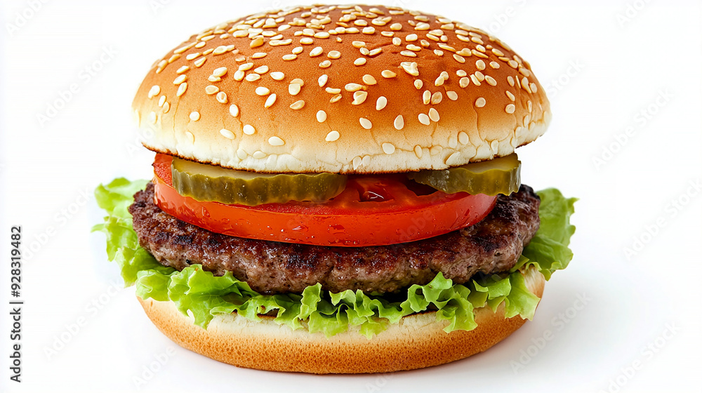hamburger with a beef patty, lettuce, tomato, and cheese, isolated on a plain white background hamburger with a beef patty, lettuce, tomato, and cheese, isolated on a plain white background
