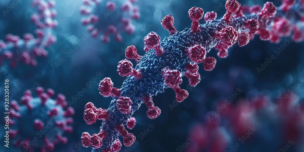 Microscopic view of a dangerous virus cell mutating with rna strands floating around it. This illustration could be used for medical or science related projects Microscopic view of a dangerous virus cell mutating with rna strands floating around it. This illustration could be used for medical or science related projects