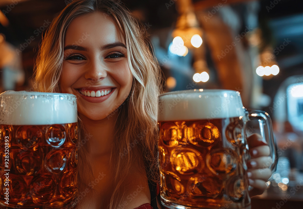 Young woman wearing traditional clothes is serving beer at a crowded oktoberfest celebration. Her warm smile capture the festive spirit of the event. Young woman wearing traditional clothes is serving beer at a crowded oktoberfest celebration. Her warm smile capture the festive spirit of the event.