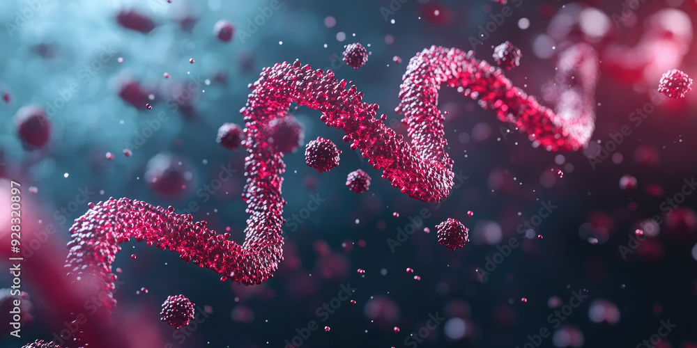 Microscopic view of a dangerous virus cell mutating with rna strands floating around it. This illustration could be used for medical or science related projects Microscopic view of a dangerous virus cell mutating with rna strands floating around it. This illustration could be used for medical or science related projects