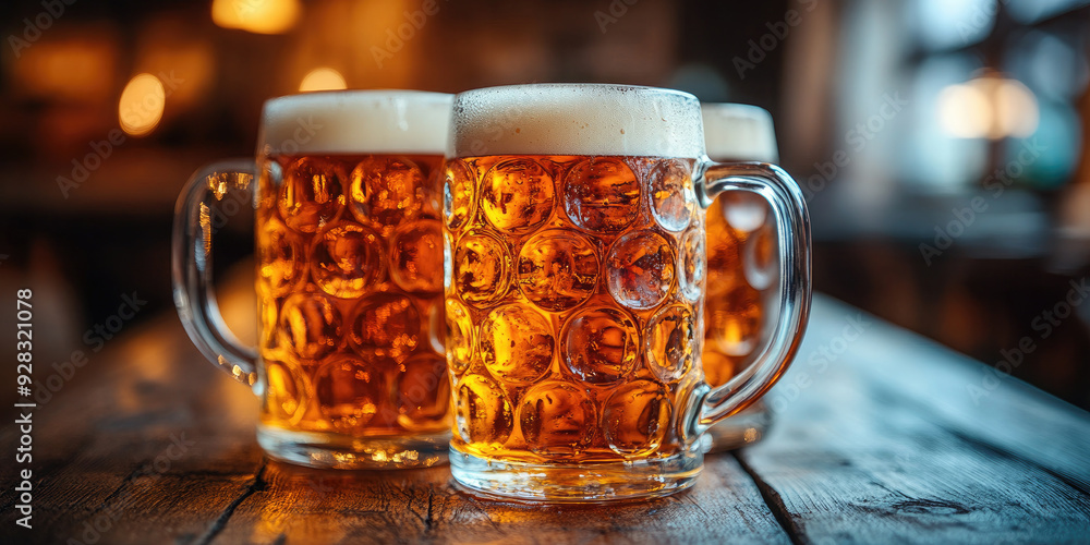 Foamy beer mugs on wooden table in cozy pub, creating warm atmosphere. Perfect for celebrating with friends at oktoberfest-themed bar. Rustic charm ideal for social gatherings. Cheers to good times! Foamy beer mugs on wooden table in cozy pub, creating warm atmosphere. Perfect for celebrating with friends at oktoberfest-themed bar. Rustic charm ideal for social gatherings. Cheers to good times!