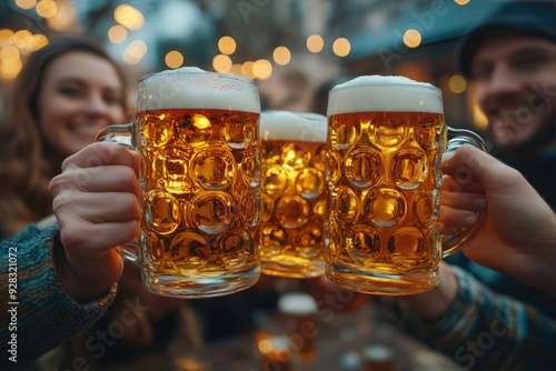 Friends raising beer mugs at lively pub during oktoberfest, clinking glasses in festive toast. Foam on ale captures fun and togetherness. Memorable evening of laughter and celebration! photo