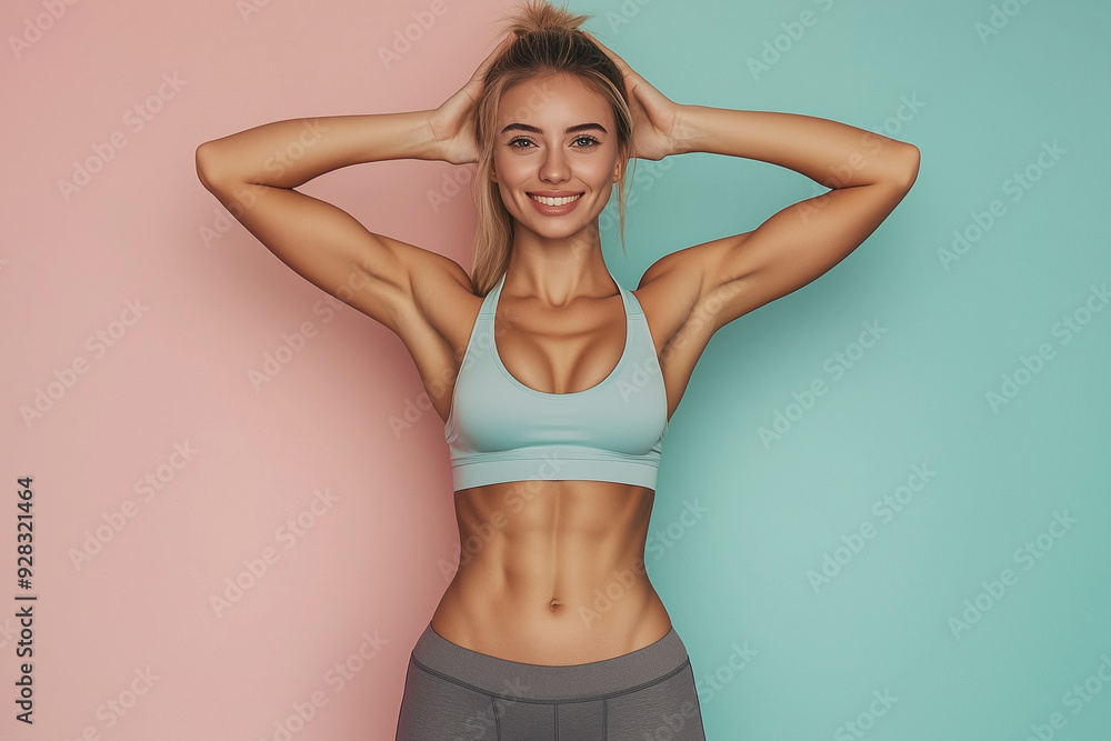 woman is posing for a photo with her arms raised and a smile on her face. Concept of confidence and positivity woman is posing for a photo with her arms raised and a smile on her face. Concept of confidence and positivity
