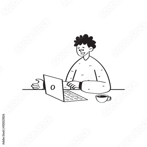 Work From Home Line Illustration 2 Man Working at Desk 1