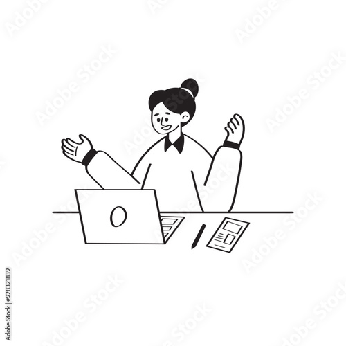 Work From Home Line Illustration 2 Woman Working at Desk
