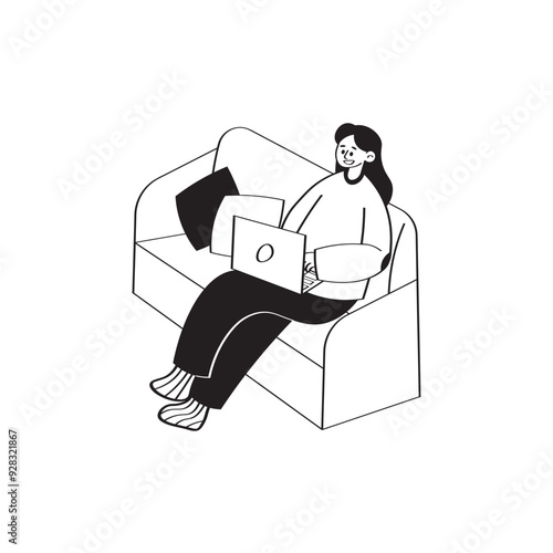 Work From Home Line Illustration 2 Woman Work Sitting on Sofa 2