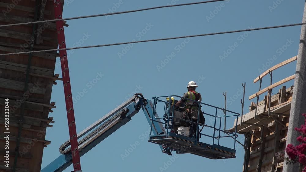 Man working on construction site and using boom lift