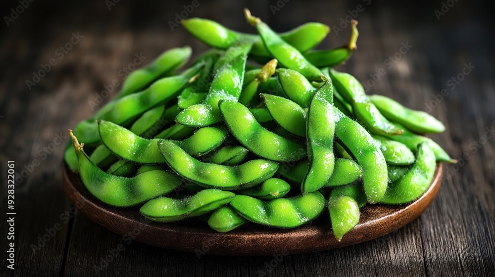 Wooden bowl filled with fresh green edamame pods on a rustic wooden surface. Wooden bowl filled with fresh green edamame pods on a rustic wooden surface.