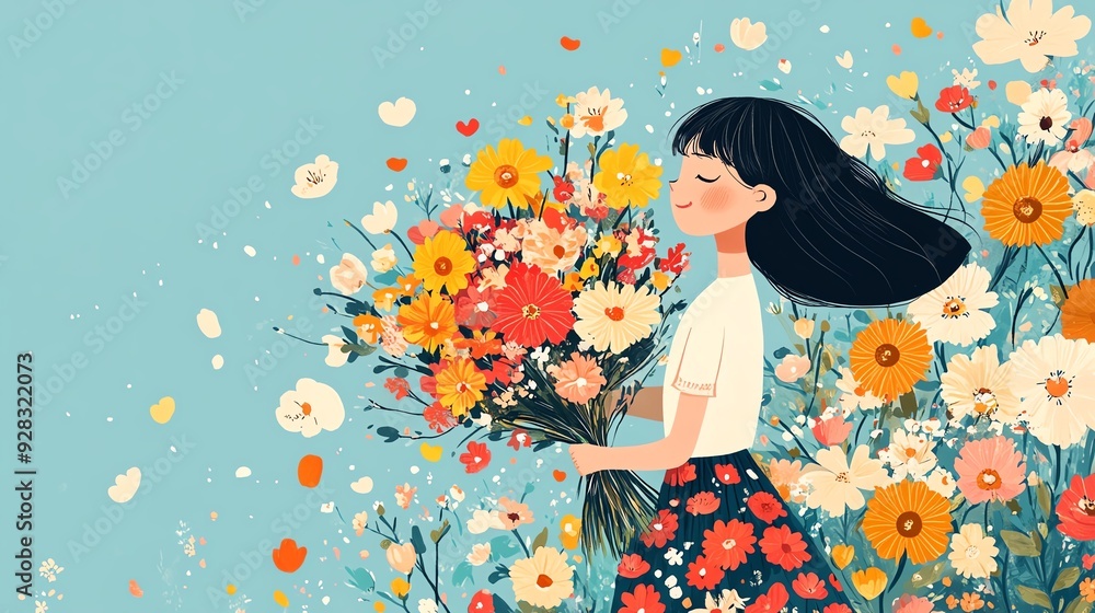 Charming scene of a girl in a floral skirt Charming scene of a girl in a floral skirt
