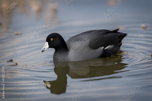 American coot bird blurry nature background, AI Generated photo