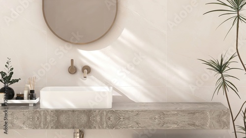 Fotografie White ceramic rectangle washbasin on stone vanity bathroom counter in sunlight o