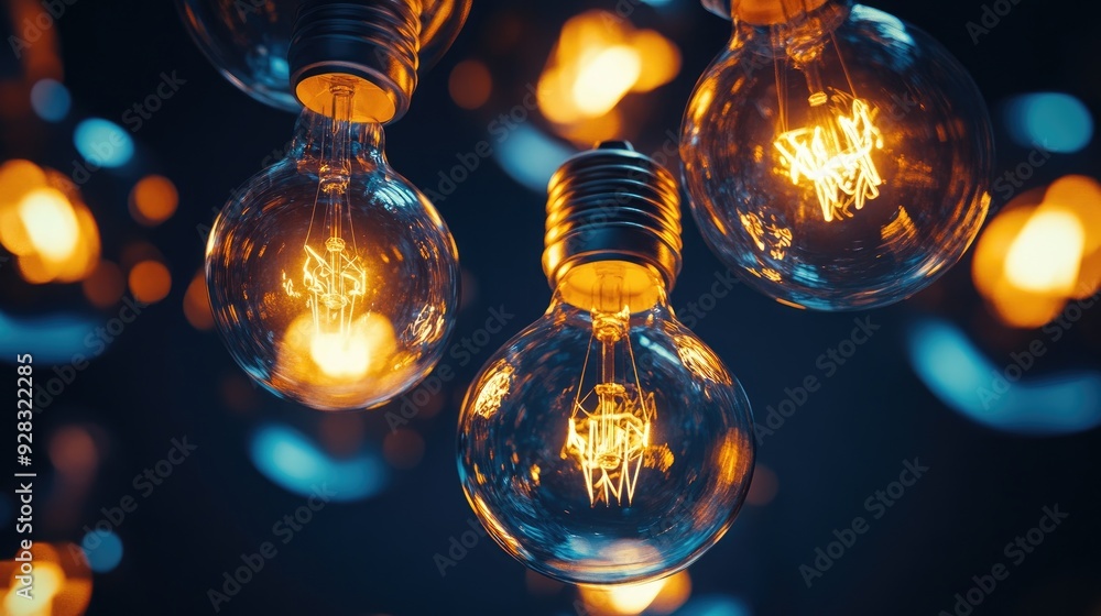 Multiple light bulbs in a circular arrangement representing creative business ideas from different continents, glowing against a dark background.