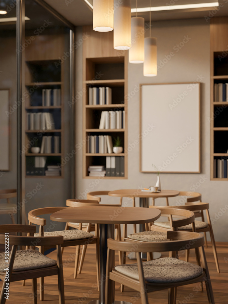 A contemporary Scandinavian cafe seating area features wooden tables and chairs by the window. A contemporary Scandinavian cafe seating area features wooden tables and chairs by the window.