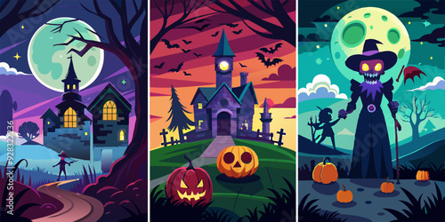 Set of three halloween posters with pumpkins, witch, and haunted house