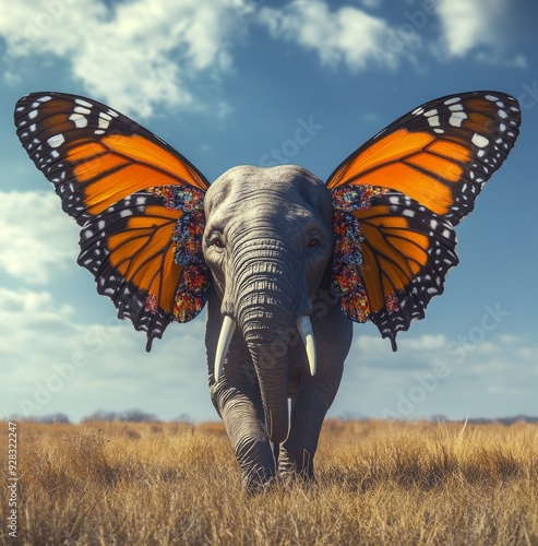 Elephant with vibrant butterfly wings in an open field on a sunny day photo