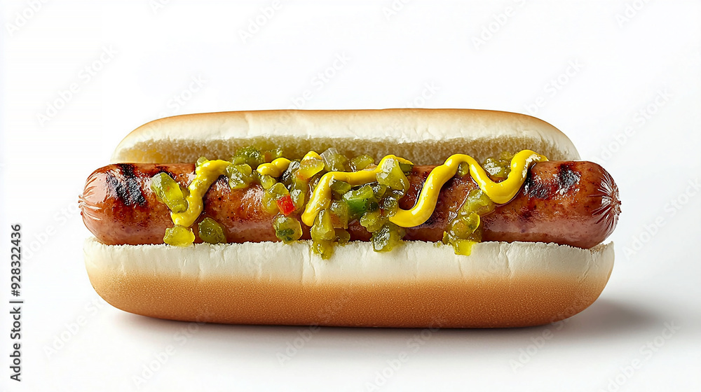 hot dog with a juicy sausage in a soft bun, topped with mustard and ketchup, isolated on a white background hot dog with a juicy sausage in a soft bun, topped with mustard and ketchup, isolated on a white background