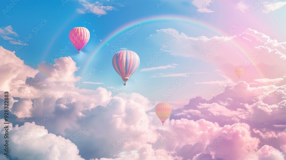 Obraz premium f Bright balloons and vivid rainbows on a blue sky with pink clouds, Colorful hot air balloons above the clouds, Hot air balloons in the sky with rainbow and clouds, fantasy background