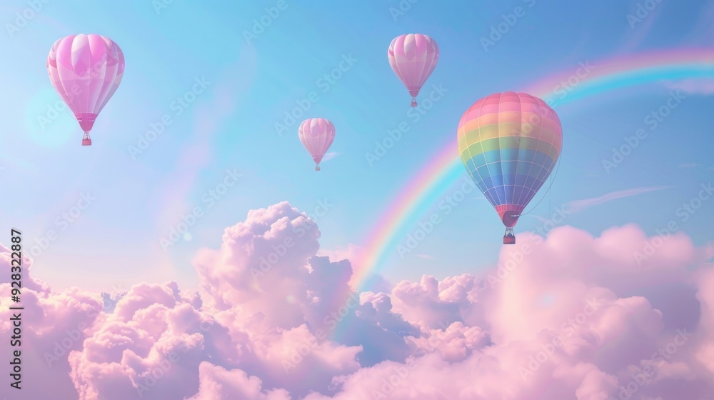 Obraz premium f Bright balloons and vivid rainbows on a blue sky with pink clouds, Colorful hot air balloons above the clouds, Hot air balloons in the sky with rainbow and clouds, fantasy background