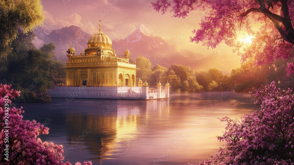 Obraz premium Peaceful scene of a Sikh gurdwara with its golden dome glowing in the light of dawn, surrounded by blooming flowers and trees