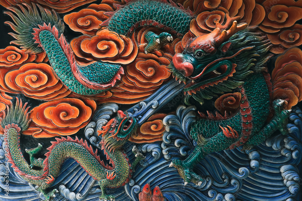 Intricate dragon mural at an authentic temple in Singapore showcasing vibrant colors and detailed craftsmanship Intricate dragon mural at an authentic temple in Singapore showcasing vibrant colors and detailed craftsmanship