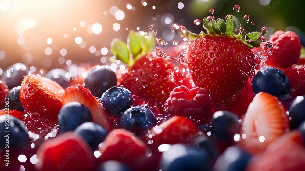 A close-up of strawberries, blueberries, and raspberries immersed in a sparkling non-alcoholic sangria, watercolor style, with a refreshing and bright color palette. A close-up of strawberries, blueberries, and raspberries immersed in a sparkling non-alcoholic sangria, watercolor style, with a refreshing and bright color palette.