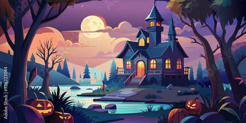 A haunted house in a forest at night with pumpkins