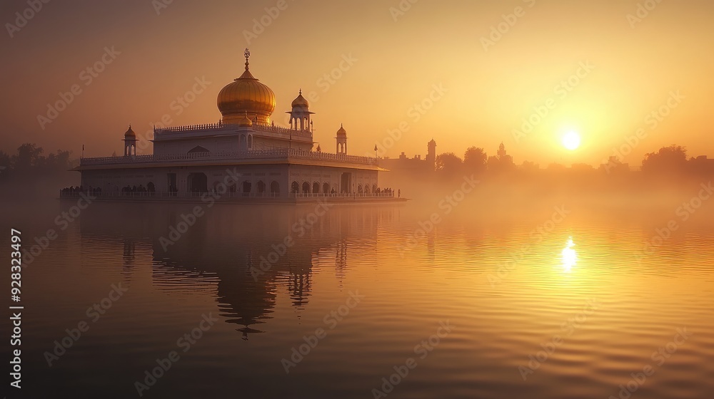 Obraz premium Peaceful view of a Sikh gurdwara with its golden dome reflecting in still waters, symbolizing purity, spirituality, and peace