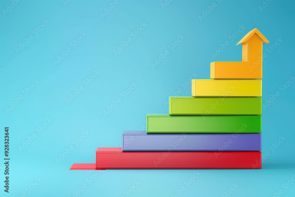 A vibrant chart displays energy efficiency ratings using colorful blocks, culminating in a house shape, symbolizing eco-friendliness and sustainability. A vibrant chart displays energy efficiency ratings using colorful blocks, culminating in a house shape, symbolizing eco-friendliness and sustainability.