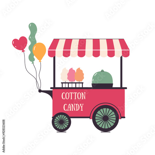 Cart with cotton candy and balls isolate on white background. Vector graphics.