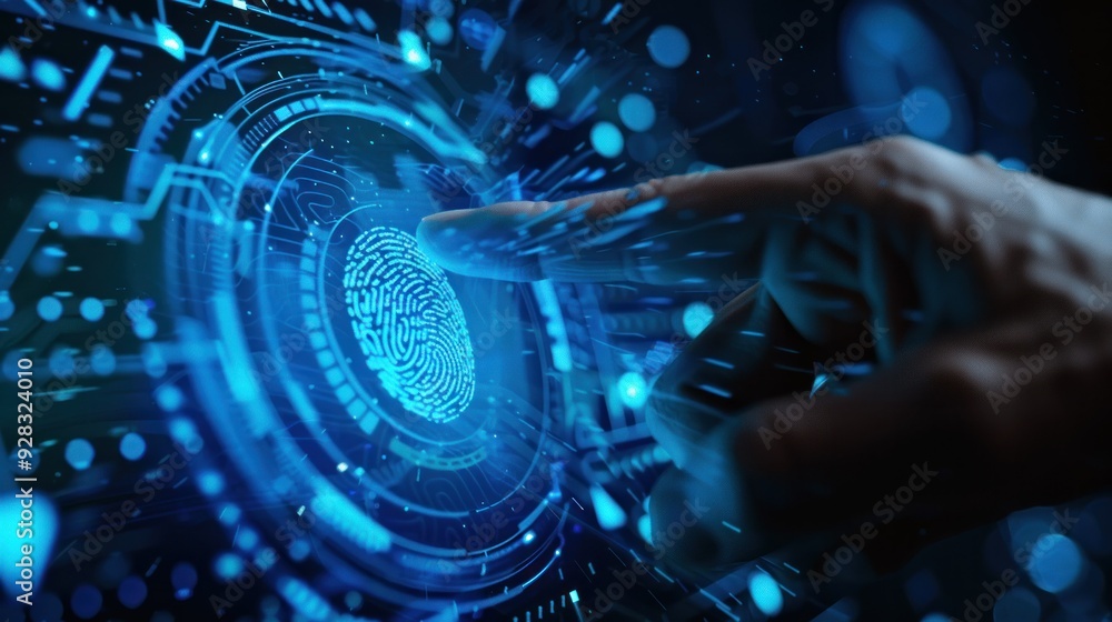 Businessman's hand using fingerprint to access personal financial data. Biometric security. Digital cyber crime prevention technology innovation. Close-up of human hand touching virtual pan. Businessman's hand using fingerprint to access personal financial data. Biometric security. Digital cyber crime prevention technology innovation. Close-up of human hand touching virtual pan.