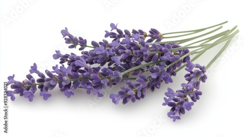 A crisp photo of a single lavender flower, showcasing its purple blooms, isolated on a white background