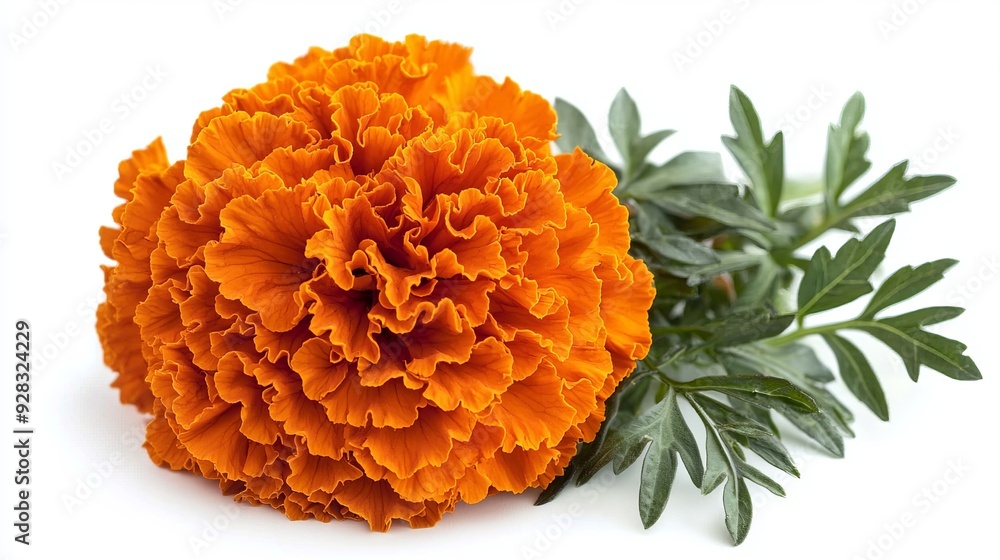 A detailed image of a single marigold flower with vibrant orange petals, isolated on a white background A detailed image of a single marigold flower with vibrant orange petals, isolated on a white background