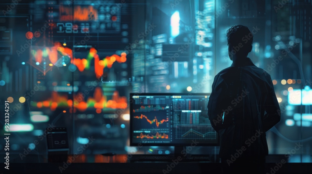 Businessman looking at the stock exchange on the trading graph background ,Concept of analysis ,Double exposure, Computer monitor with stock market data on the background. Businessman looking at the stock exchange on the trading graph background ,Concept of analysis ,Double exposure, Computer monitor with stock market data on the background.
