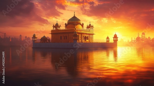 Sacred gurdwara with its golden dome set against a colorful sunset, highlighting the spiritual beauty of the Sikh faith