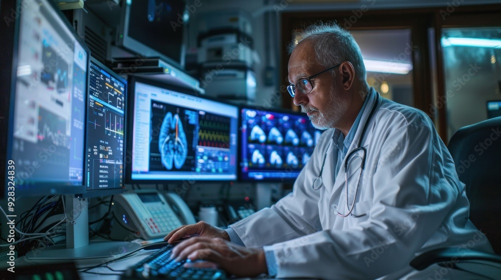 Cardiologist doctor checks the data of an electrocardiogram on the computer screen. Cardiologist doctor checks the data of an electrocardiogram on the computer screen.