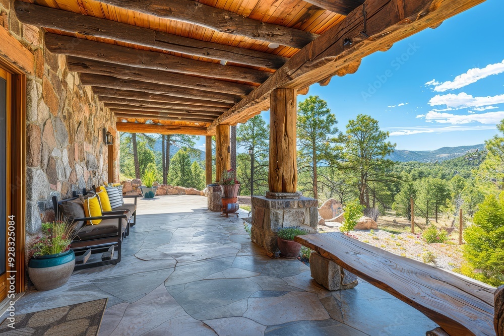 Fototapeta premium Luxurious modern back porch in a Colorado pine forest, featuring stone columns, wood beams, large bench seating area, and concrete floor, captured from a low angle.