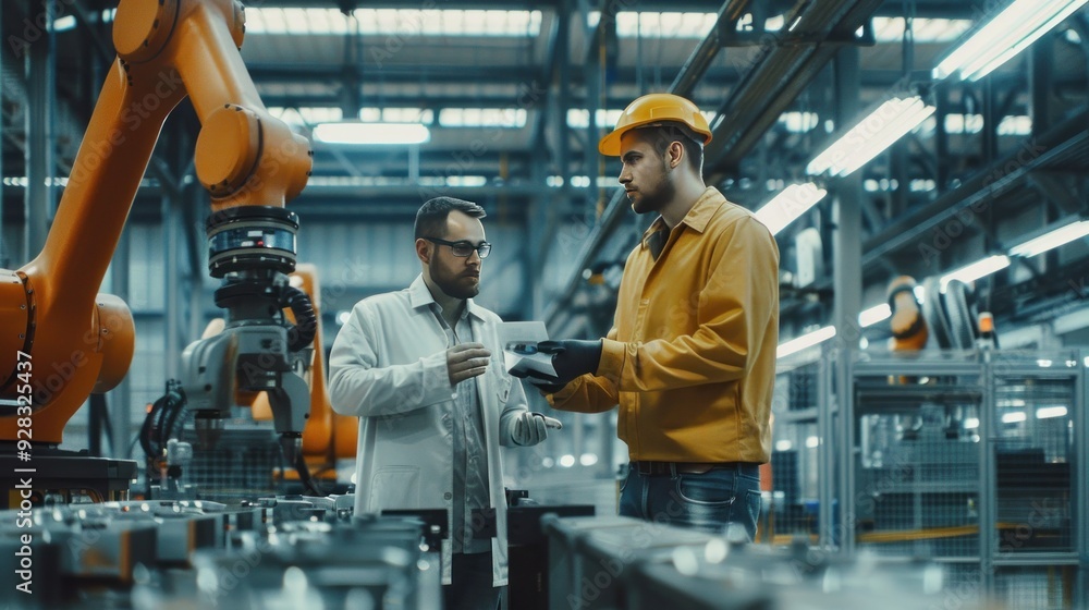 Chief engineer and project manager in modern industrial factory with robot arms talking and planning optimization of production Chief engineer and project manager in modern industrial factory with robot arms talking and planning optimization of production