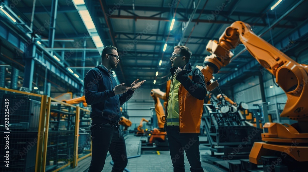 Fototapeta premium Chief engineer and project manager in modern industrial factory with robot arms talking and planning optimization of production