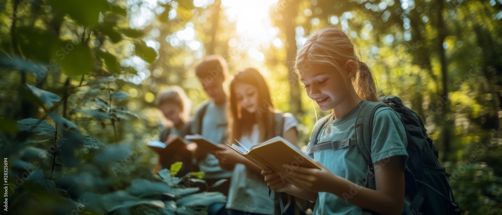 Group of Young Friends Reading Books in a Sunlit Forest During a Hiking Adventure Group of Young Friends Reading Books in a Sunlit Forest During a Hiking Adventure