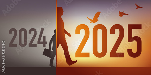 Concept de croissance et de développement pour une entreprise en 2025, avec comme symbole, un homme qui change d’année en ayant doublé de taille.