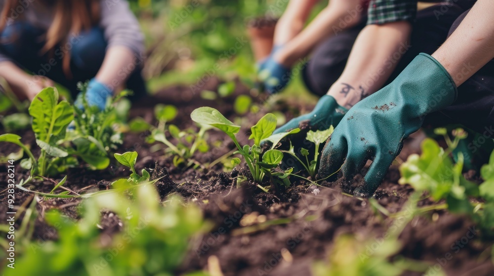 Naklejka premium Close up of a group of people wearing gloves planting young green plants into rich soil