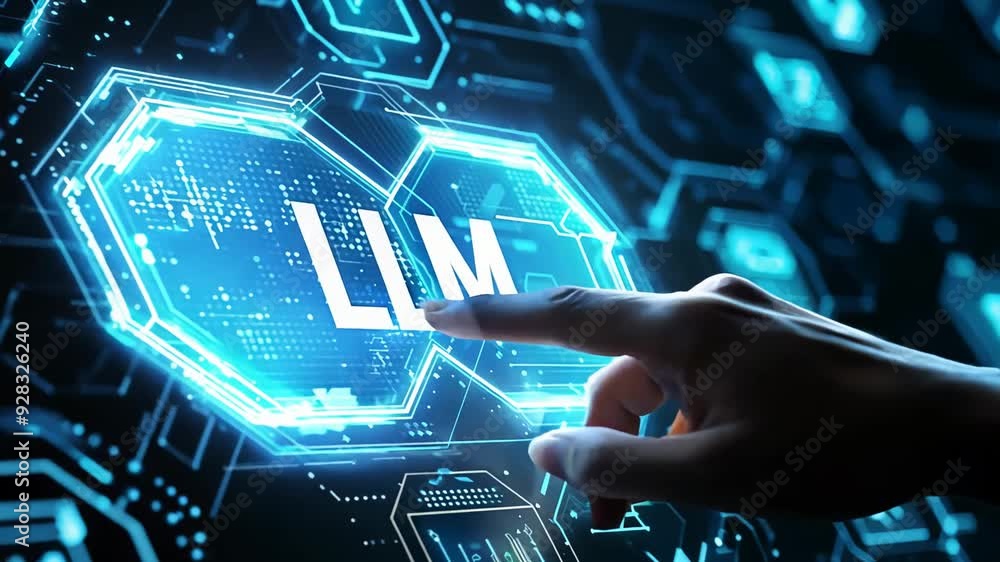 Finger pointing at LLM text on digital screen surrounded by futuristic technology graphics. Represents concepts of artificial intelligence, machine learning, and digital innovation.